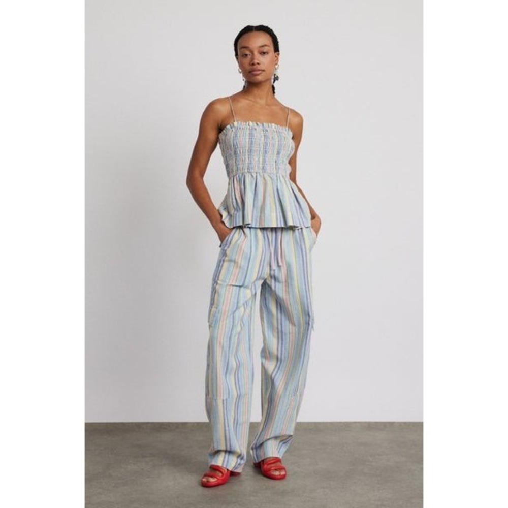 Damson Madder Women Sicily Cotton Linen Blend Stripe Rocket Cargo Trousers Sz 10